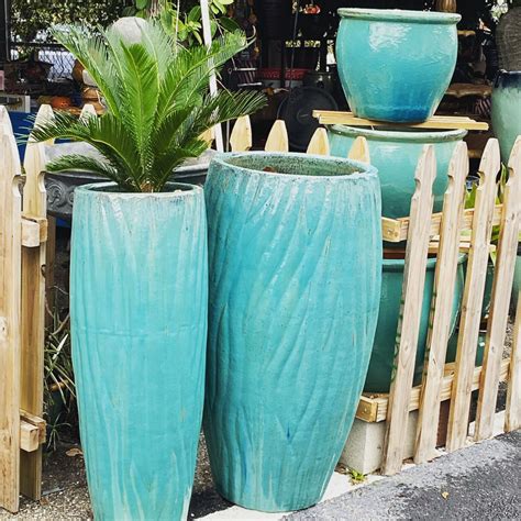 Large Blue Glazed Ceramic Planters | Ethans Courtyard and Patio