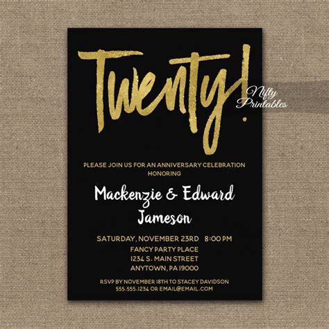 20th Anniversary Invitations Black Gold Script - Nifty Printables