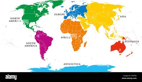 Seven continents map with national borders. Asia, Africa, North and South America, Antarctica ...