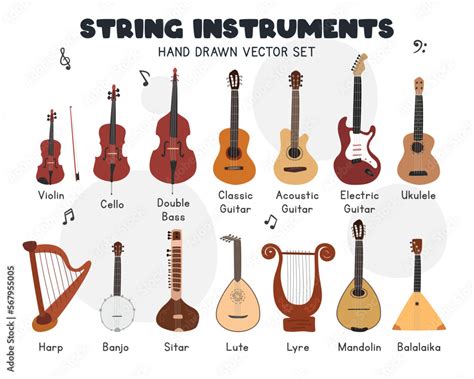 String instruments vector set. Simple cute violin, cello, double bass ...