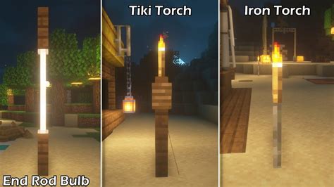 4 Different Minecraft Torch Designs : End Rod Bulb, Tiki Torch, Iron Bar Torch, Hanging Lantern ...