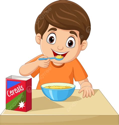 Kartun Anak Kecil Sedang Sarapan Sereal, Duduk, Musim Panas, Sendok PNG dan Vektor dengan ...