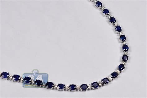 18K White Gold 25.18 ct Blue Sapphire Diamond Womens Tennis Necklace