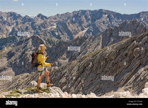 Germany, Garmisch-Partenkirchen, Alpspitz, Female hiker hiking Stock ...