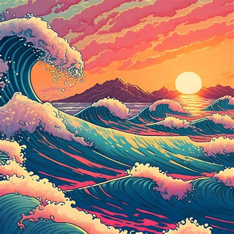 Premium Photo | A digital painting of a wave with the sun setting ...