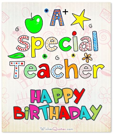 a special teacher happy birthday card with an apple and stars on the ...