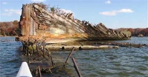 Wooden war vessels aka ghost ships in Mallows Bay have shifted due to storms and floods