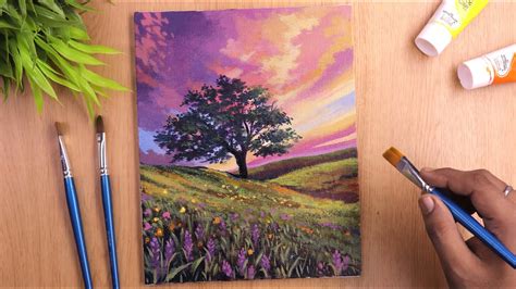 Acrylic painting of Spring season landscape painting with tree on ...