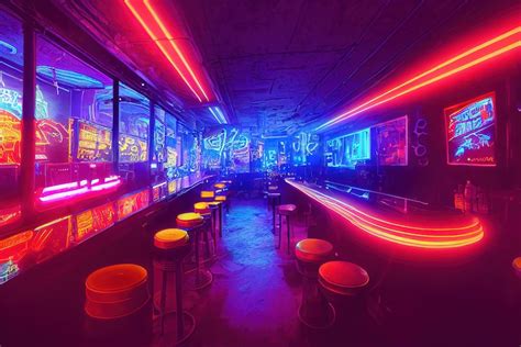 Premium Photo | Bar Stools in cyberpunk BAR in cyberpunk city Neons cybercity background ...