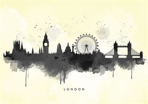 London Skyline Abstract Watercolour Box Canvas Art Print, Black on ...