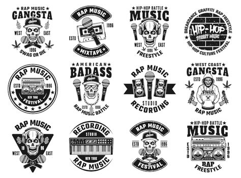 Conjunto de rap y hip-hop de doce emblemas vectoriales, etiquetas, insignias o logotipos en ...