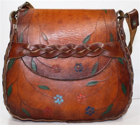 Vintage Retro brown tan tooled leather purse hand bag by indai