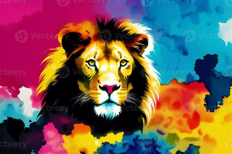 An Illustration of a lion on abstract watercolor background. Watercolor paint. Digital art ...