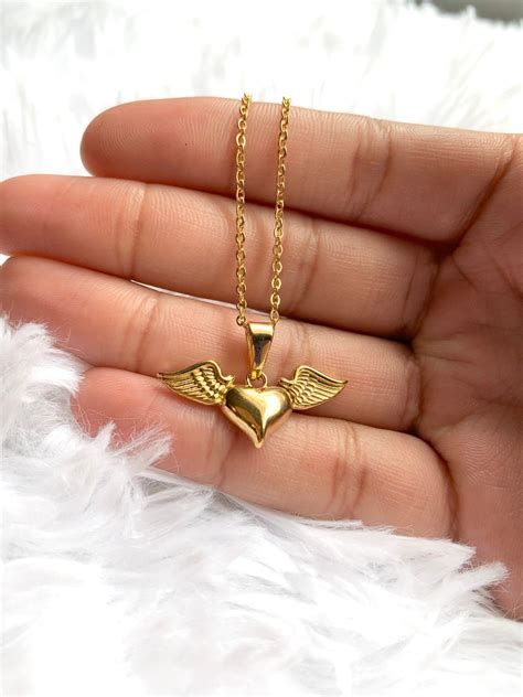 Angel Wings Heart Necklace 18K Gold Plated Stainless Steel | Etsy