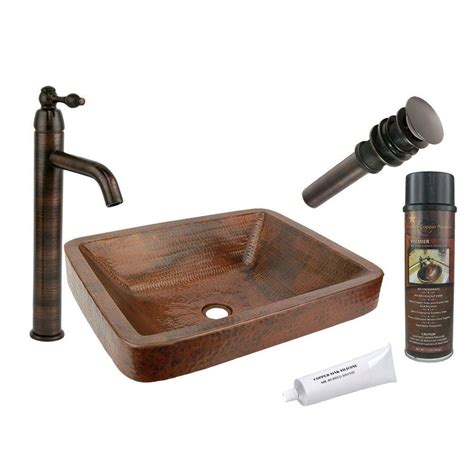 Premier Copper Products All-in-One Rectangle Skirted Vessel Hammered Copper Bathroom Sink in Oil ...