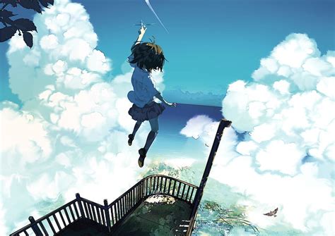 HD wallpaper: birds eye view sky anime girls balcony airplane original characters anime jumping ...