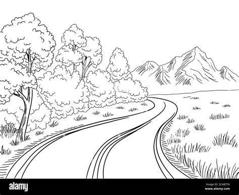 Mountain road graphic black white landscape sketch illustration vector ...