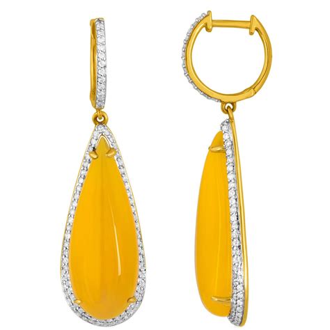 Yellow Agate Diamond Gold Drop Earrings For Sale at 1stdibs
