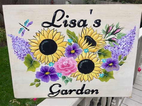 Hand painted garden sign, personalized garden sign, flower garden sign, sunflowers, lilacs ...