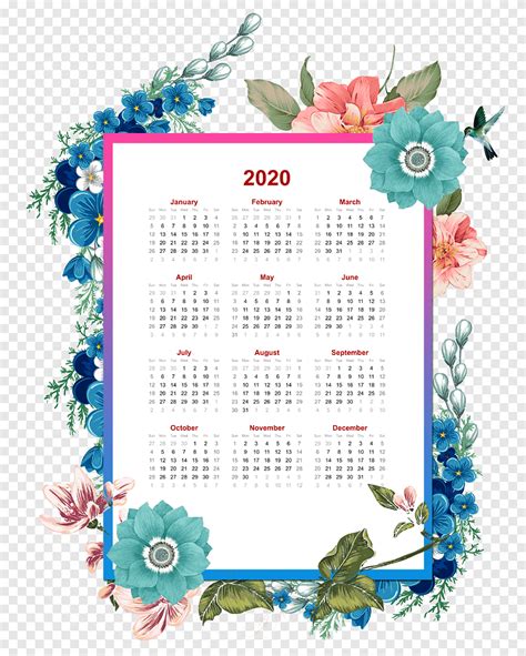 2020 flower yearly calendar able template., watercolor Painting, calendar png | PNGEgg