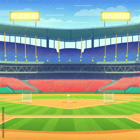 Baseball stadium view, banner in flat cartoon design. Sports center ...