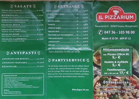 Menu at Il Pizzarium, Butjadingen