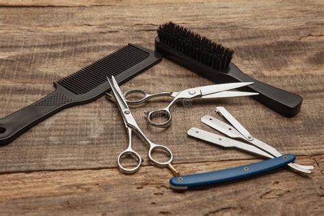 Barber Shop Equipment Set Isolated on Wooden Table Background. Stock ...