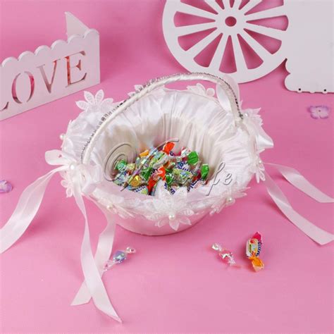 White Flower Basket with Satin Ribbons Bow Rhinesotne Lace Flowers Perals Diamaond Mesh Storage ...