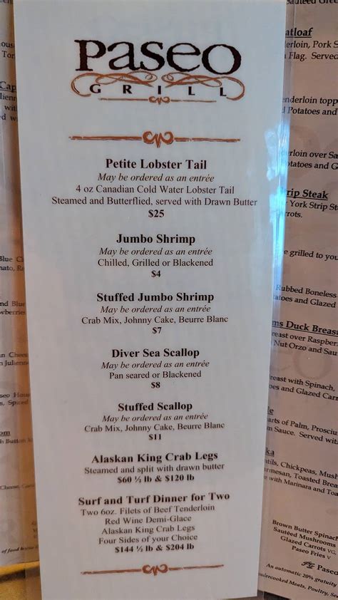 Menu at Paseo Grill restaurant, Oklahoma City