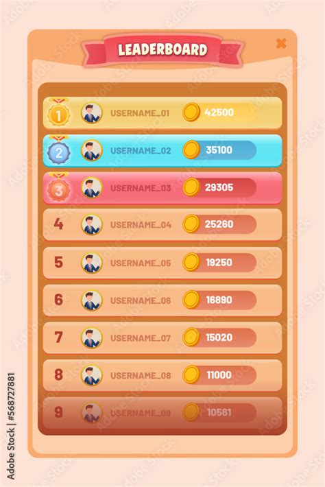 Game leaderboard with different ranks and set of 3 different rank badges. Leaderboard Mobile ...