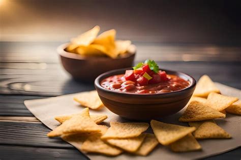 Premium AI Image | a bowl of salsa with chips and a bowl of salsa on a ...