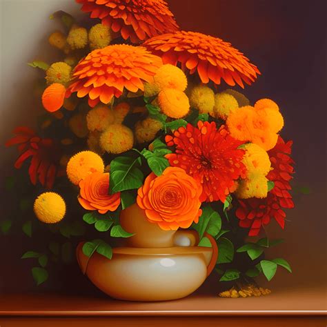 Realistic Color Oil Painting of an Ivy and Orange Flower Bouquet Basket · Creative Fabrica
