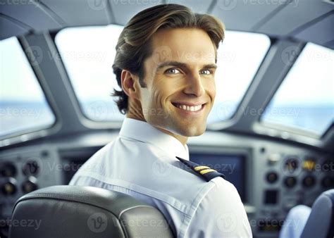 AI generated confident male pilot smiling while sitting in cockpit ...