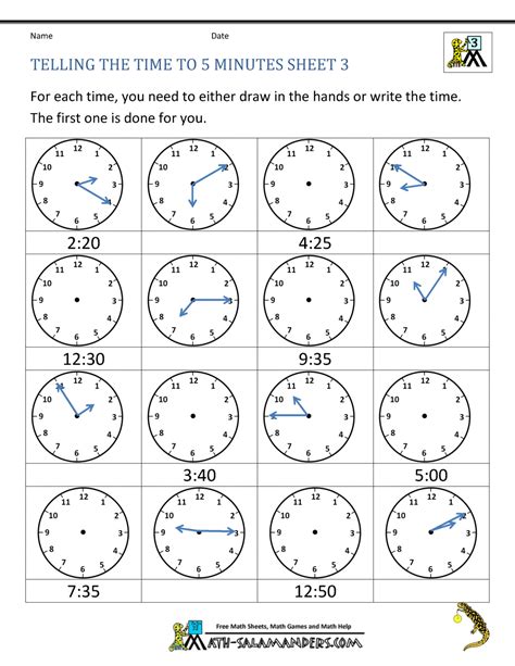 Telling Time Clock Worksheets to 5 minutes