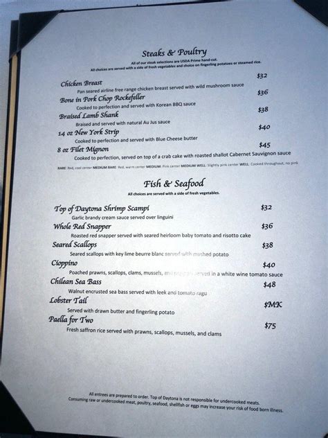 Menu at Top of Daytona Restaurant, Daytona Beach