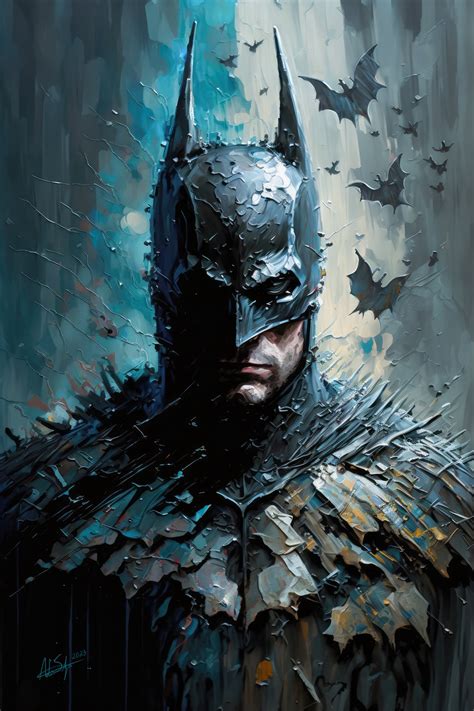 Midknight Guardian Enigmatic Palette Knife Portrait Night Vigilante in Deep Blue & Bats Digital ...