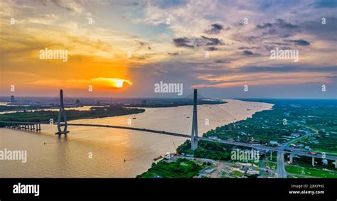 Can Tho bridge, Can Tho city, Vietnam, aerial view sunset sky. Can Tho ...