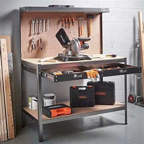 VonHaus Garage Workbench Pegboard Heavy Duty Reinforced Steel with Storage Drawer + Shelf - Grey ...