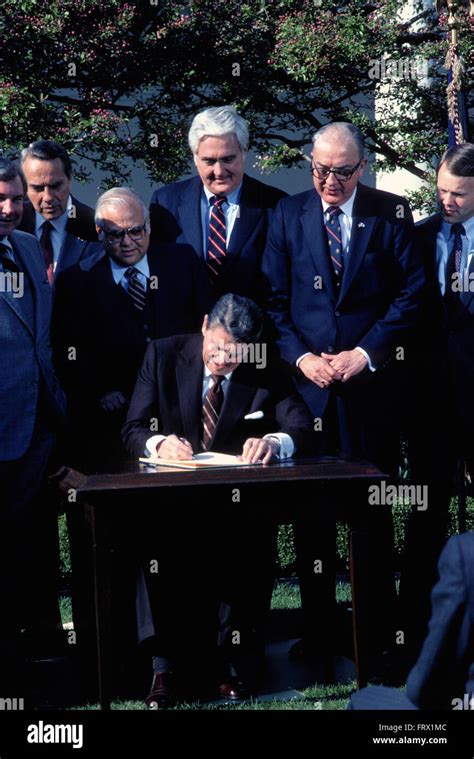 Washington, DC., USA, 10th April, 1984 President Ronald Reagan signing ...