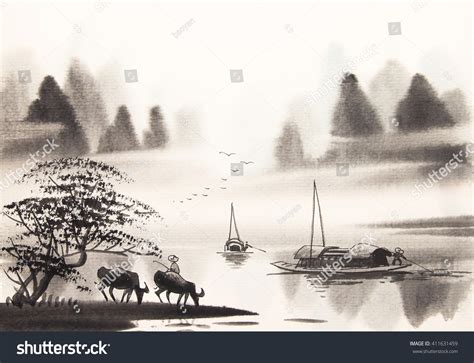 Chinese Landscape Watercolor Painting Stock Illustration 411631459 ...