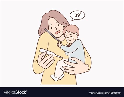 Woman with sick baby holding thermometer Vector Image