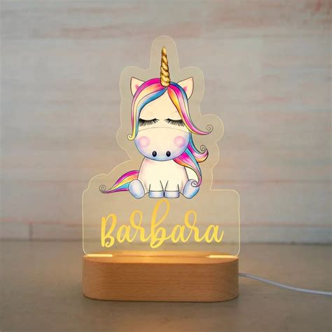 Night Light Rainbow Unicorn LED USB Night Light Custom Nursery Name Acrylic Lamp Wood Base for ...