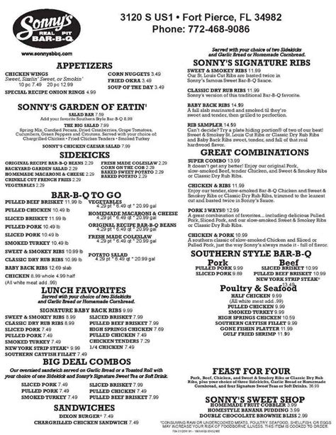 Sonny's BBQ Menu, Menu for Sonny's BBQ, Fort Pierce, Treasure Coast ...