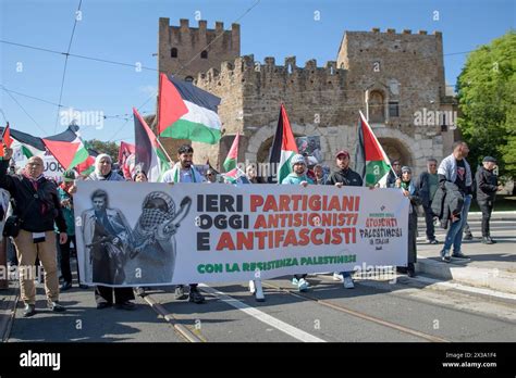 April 25, 2024, Rome, Italy: In the background Porta San Paolo, one of the symbols of the ...