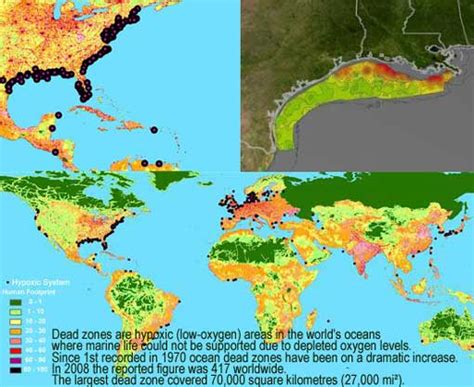 Ocean pollution. Sea "dead zones", oxygen-deprived, fishless: 1st recorded in 1970, 417 in 2008 ...