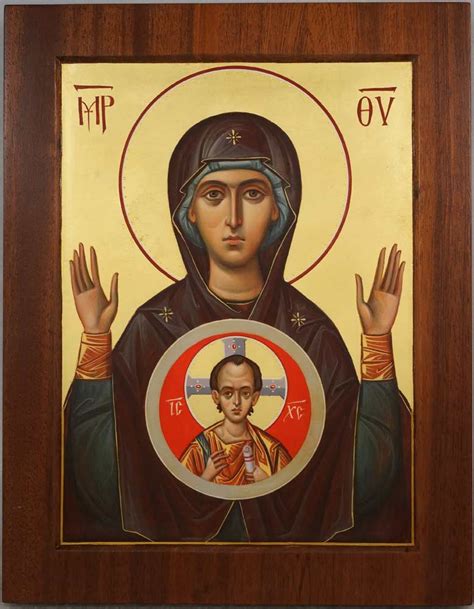 Our Lady of the Sign (mahogany wood panel) Orthodox Icon - BlessedMart