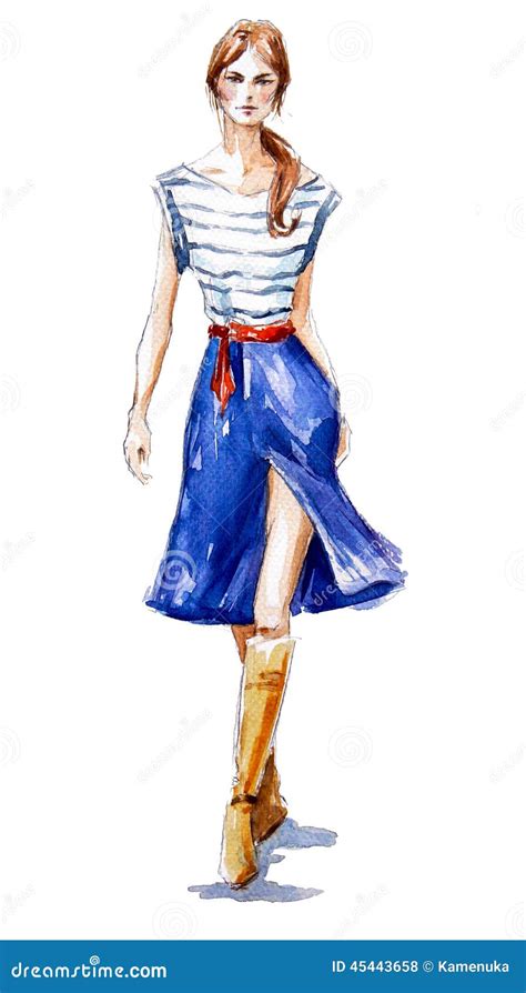 Street Fashion. Fashion Illustration of a Girl Walking. Summer Look. Watercolor Painting Stock ...