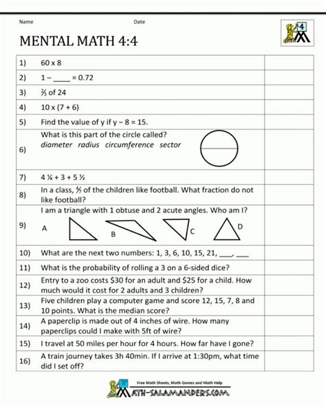 Mental Arithmetic Worksheets 4Th Grade 4 | Mental Maths - Math ...