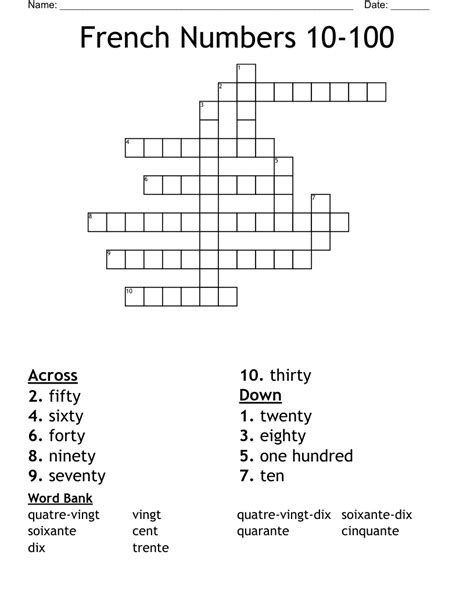 French Numbers 10-100 Crossword - WordMint