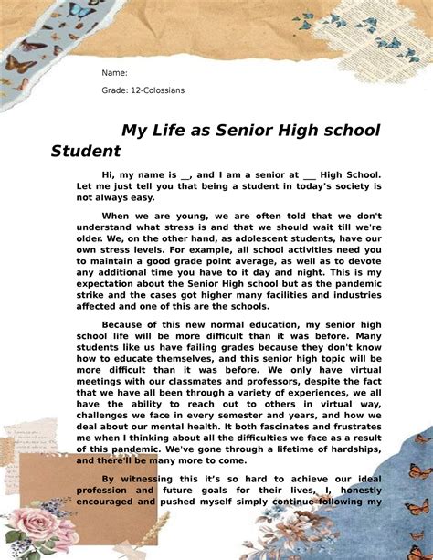 Narrative essay - how you see yourself - Name: Grade: 12-Colossians My Life as Senior High ...